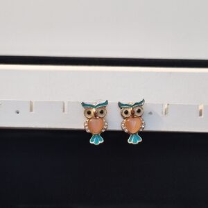 Charming Owl Earrings with Blue and Gold Accents